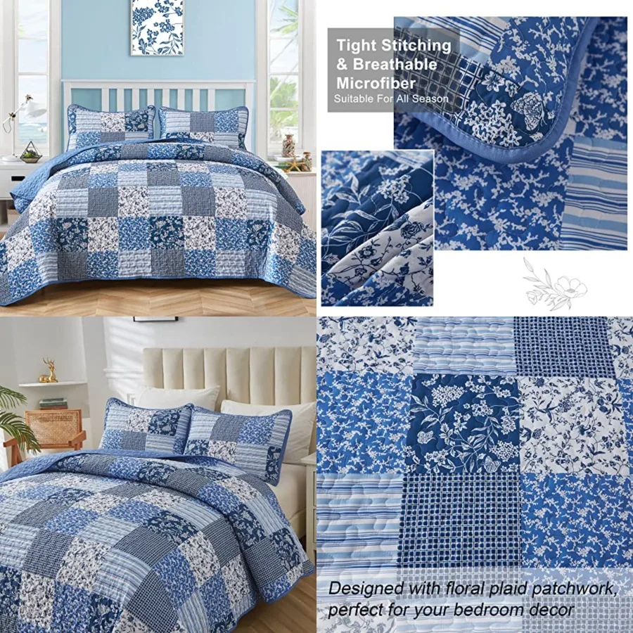 

Boho Quilt Set Size, 3 Pieces Plaid Floral Bedspread Coverlet Set for All Season, Patchwork Reversible Bedding Set 90x96