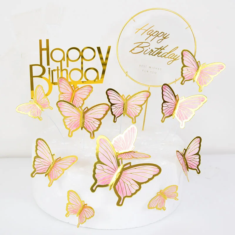 

12pcs Butterfly Theme Cake Toppers Girl Birthday Wedding Party Pink Butterfly Insert Card Decorting Home Baking Cake Insert Flag