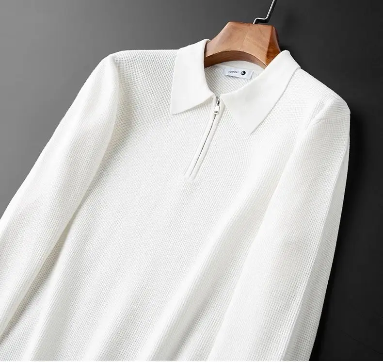 Warm Knitted Waffle Half Zip White Polo Shirt for Men Long Sleeved Sweater Lapel Sweatshirt for Men