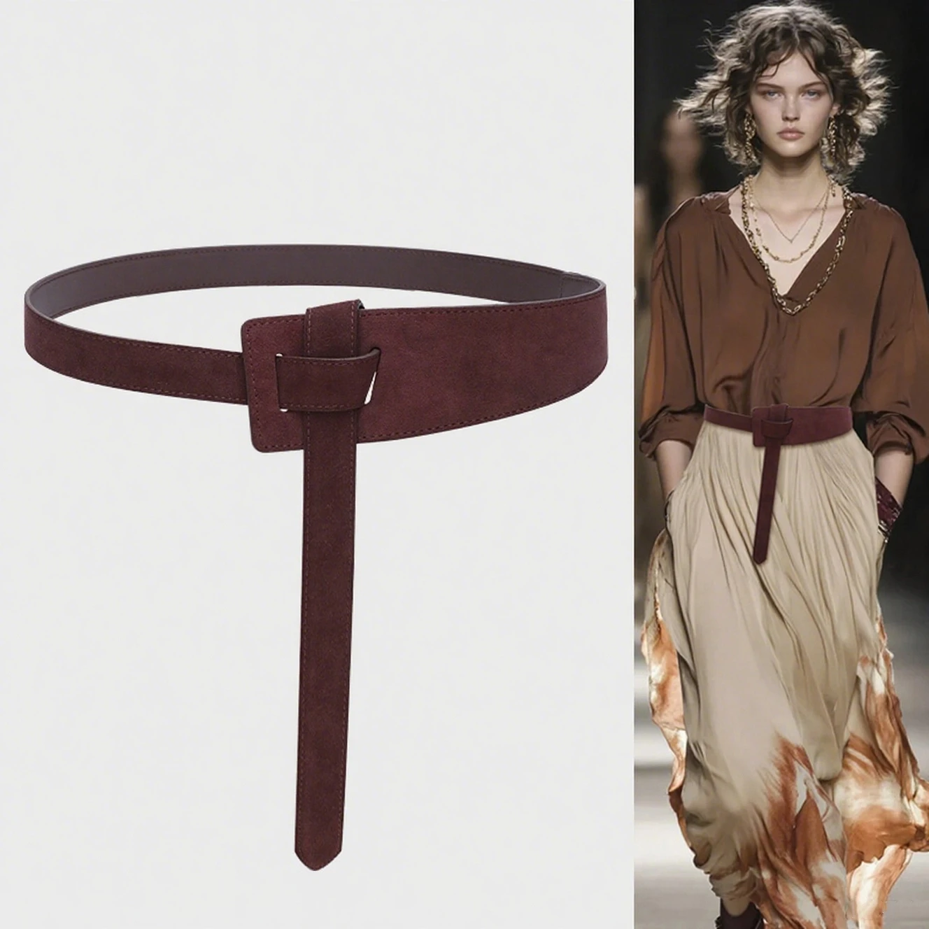 女性用スエードレザーベルト 調節可能な結び目ストラップ バックルなし 高級デザイナーウエストベルト ジーンズ、ドレス、コート用