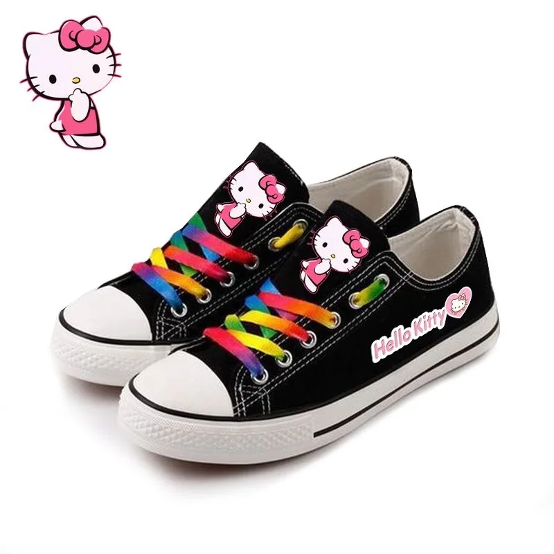 Sanrio Hello Kitty Cute Girl Black Canvas Shoes Cartoon Low Help Versatile Lolita Shoes Kitty Printed Shoes for Women 2024 New