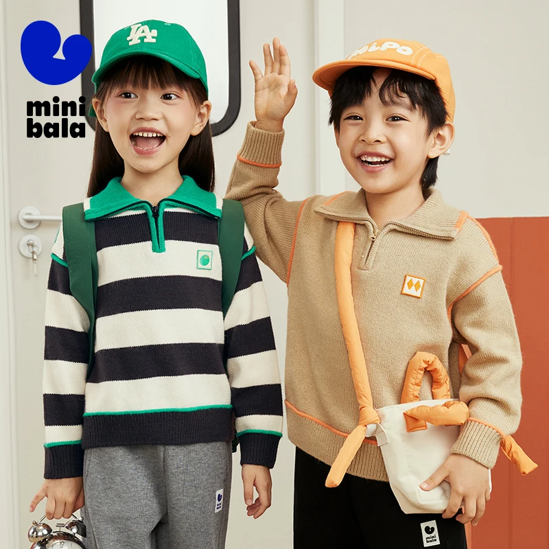

Mini Balabala Sweater Boys and Girls 2025 Winter Fashion Loose Fit Baby Pullover with College Style Collar for Daily Wear