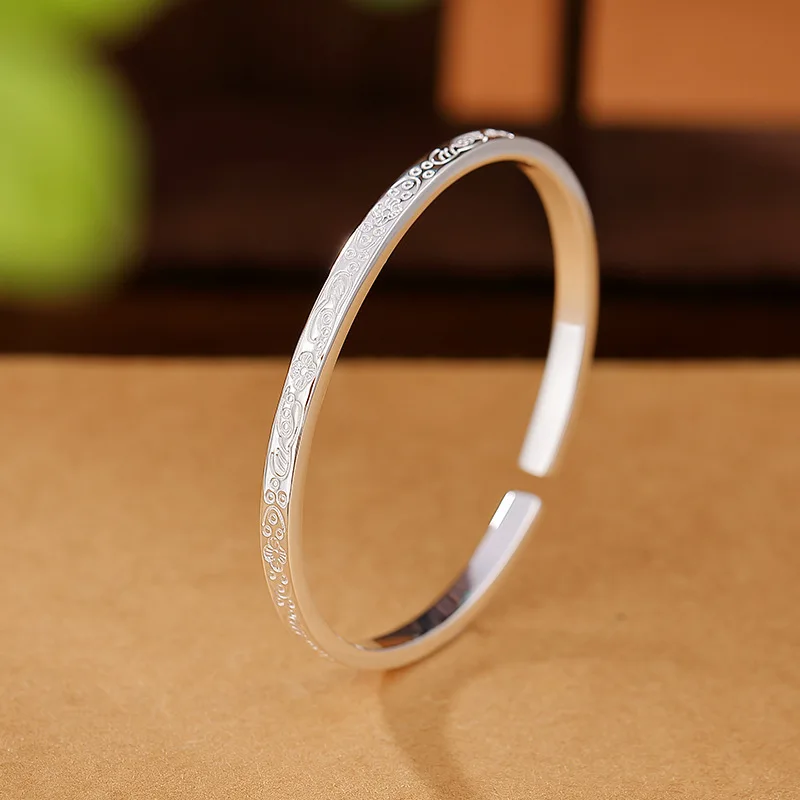 silver 925 auspicious clouds Carving Flower Glossy Bracelets Chinese Style New In Fine Bracelet adjustable Jewelry Gifts