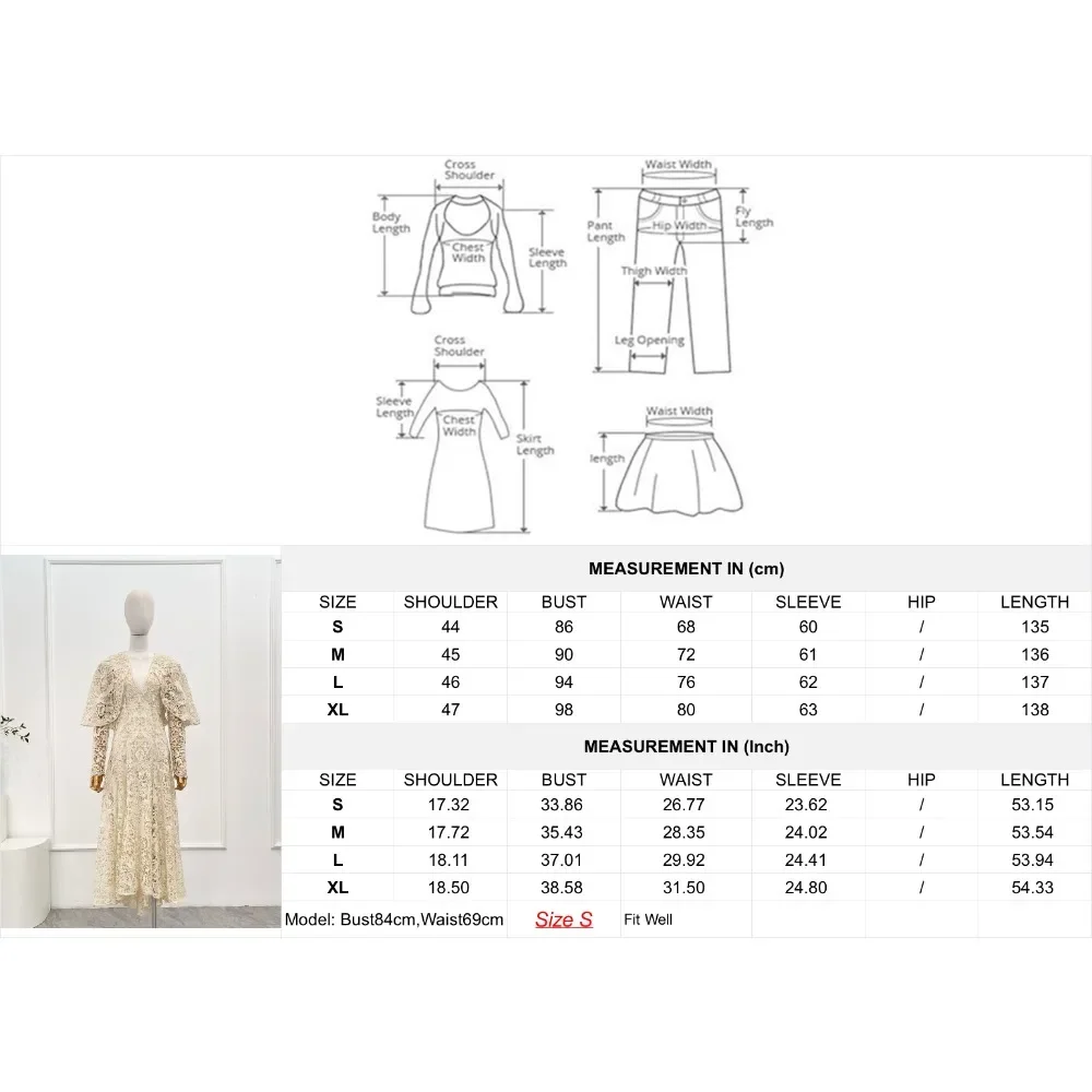 Cream Beige Lace Patchwork Long Sleeve Deep V Neck Midi Dress Top Quality As Picutre