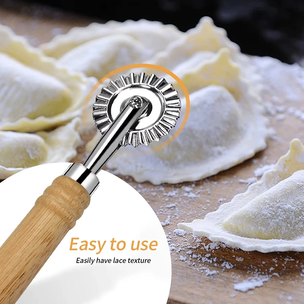 Ravioli Cutter Wheel Pastry Wheel Cutters with Long Wooden Handle Cookie Press Embossing Mold Kitchen Baking Accessories