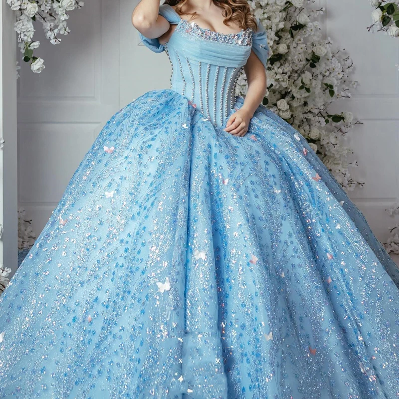 

Блестящие платья принцессы с открытыми плечами Quinceanera, милое бальное платье с бисером и кристаллами и жемчугом, милое бальное платье 16, Vestidos De 15 Anos