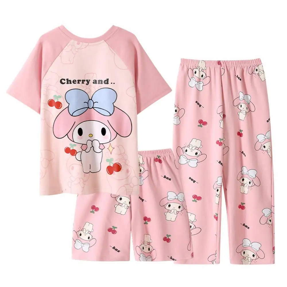 

Детский пижамный комплект Melody из 3 предметов, милая одежда для сна Sanrio в стиле аниме Kuromi, пижамы с героями мультфильмов, шорты с короткими рукавами, кавайная повседневная домашняя одежда