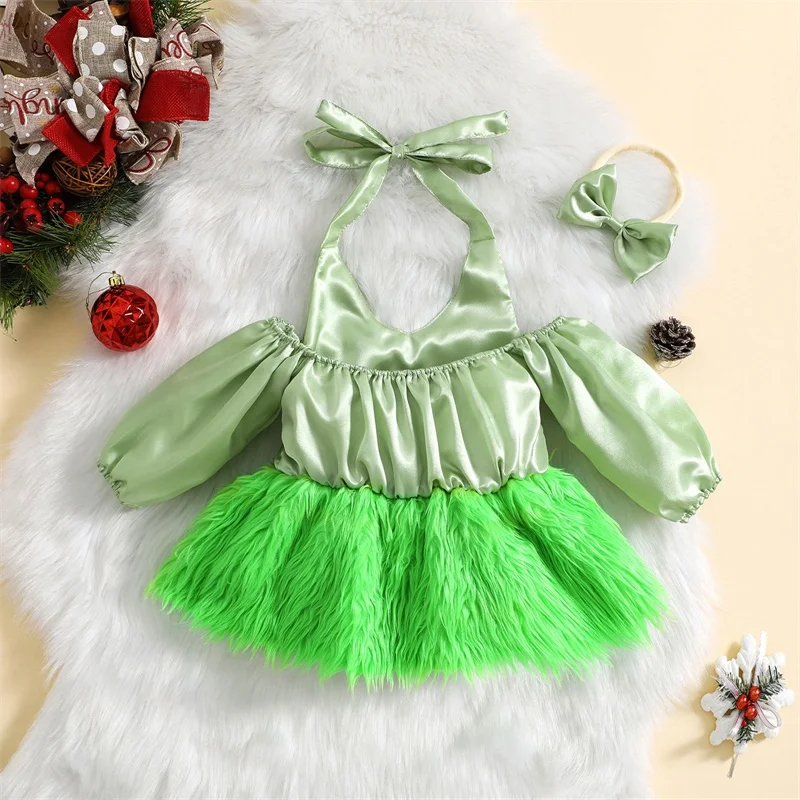 Kids Baby Christmas Cosutmes Funny Cosplay Xmas Party Outfit Romper Green Plush PP Shorts Sets Furry Pants Skirt Xmas Gift