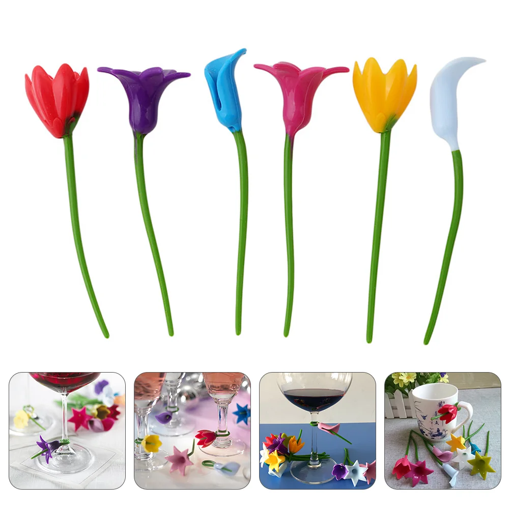 6 Pcs Flower Glass Logo Shape Charms Martini Glasses Drink Tags Stickers Decor Silicone Identifier Cup Markers