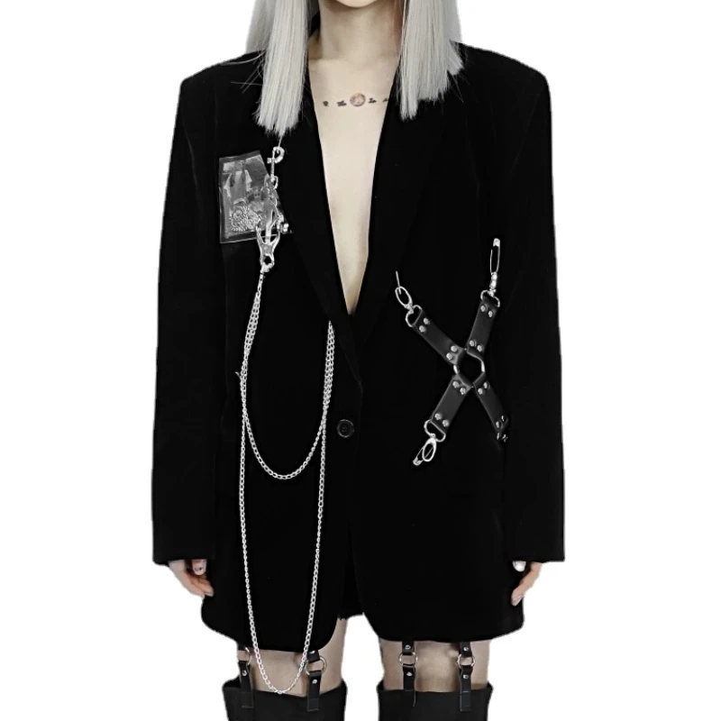 Original Design Punk Gothic Style Halloween Dark Woolen Padded Shoulder Blazer Women's Black Clothes Jacket