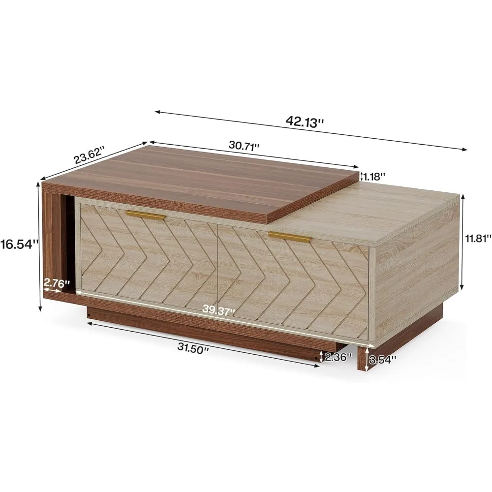 Extendable Coffee Table with 2 Storage Drawers, Dual-Tone Center Table, Hidden Storage Wooden Rectangle Cocktail Table