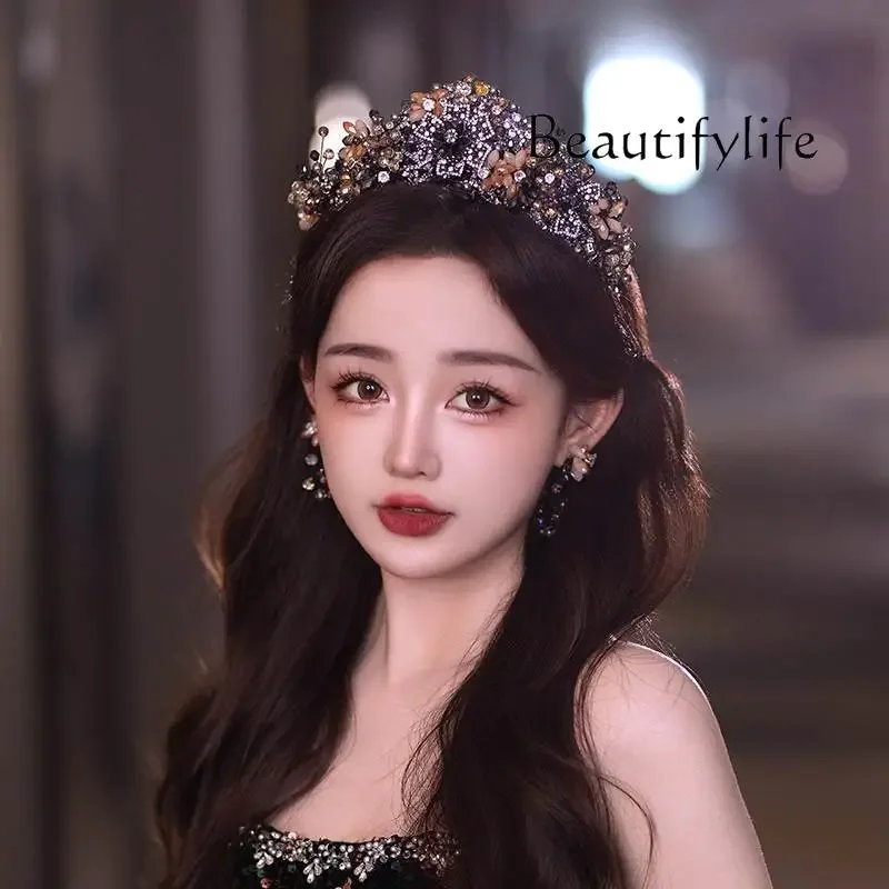 High-end Bridal Headgear Bar High-end Retro Crystal Black Crown Headgear High-end Sense X