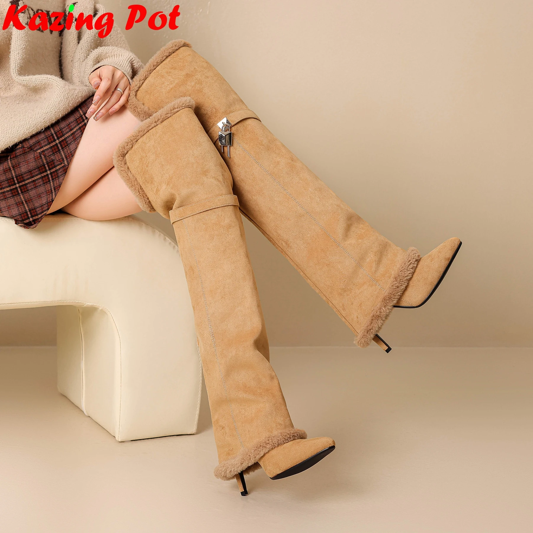 

Big Size 33-46 Cold Resistant Warm Flock High Heels Pointed Toe Long Snow Boots Slip On Elegant Luxury Women Over-the-knee Boots