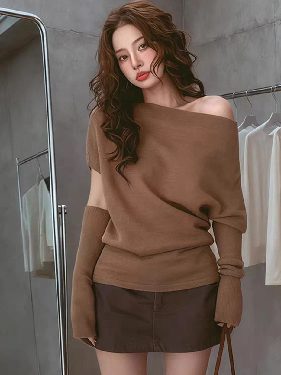 

Slim Fit Knitted Base Shirt Women's Autumn Winter Inner Match Sleeve Set Shoulder Angle Long Sleeve Knitted Top Fashionable C...