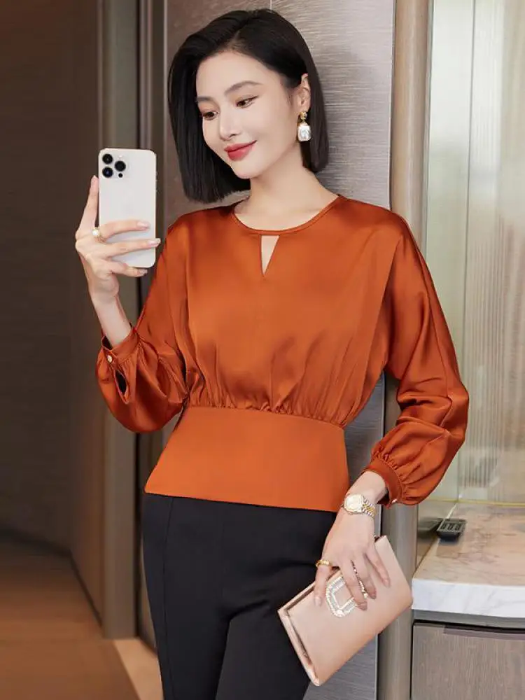

French 2024 Solid Temperament Office Hollow Out Shirt Women Autumn New Festival Long Sleeve Pullover Blouses Tops Fashion Simple