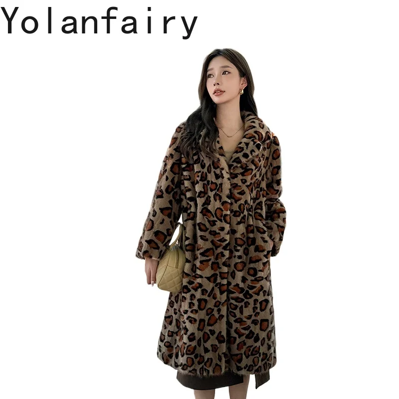 YOLANFAIRY جودة عالية المنك معطف الفرو الحقيقي امرأة الشتاء بدلة على الموضة طوق أنيقة منتصف طول معاطف الفراء ليوبارد الفراء سترة 2025