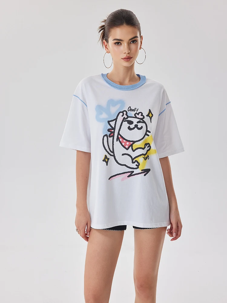 

Футболка OoofYang женская повседневная свободного кроя с мультяшным принтом, круглый вырез, хлопок, летняя, модная, универсальная