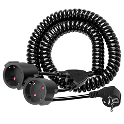 3/5/7/10m Power Extension Cable Spiral Cable with 2-Way Sockets, Double Schuko Plug 1 to 2 Protective Contact Cable Stretchable