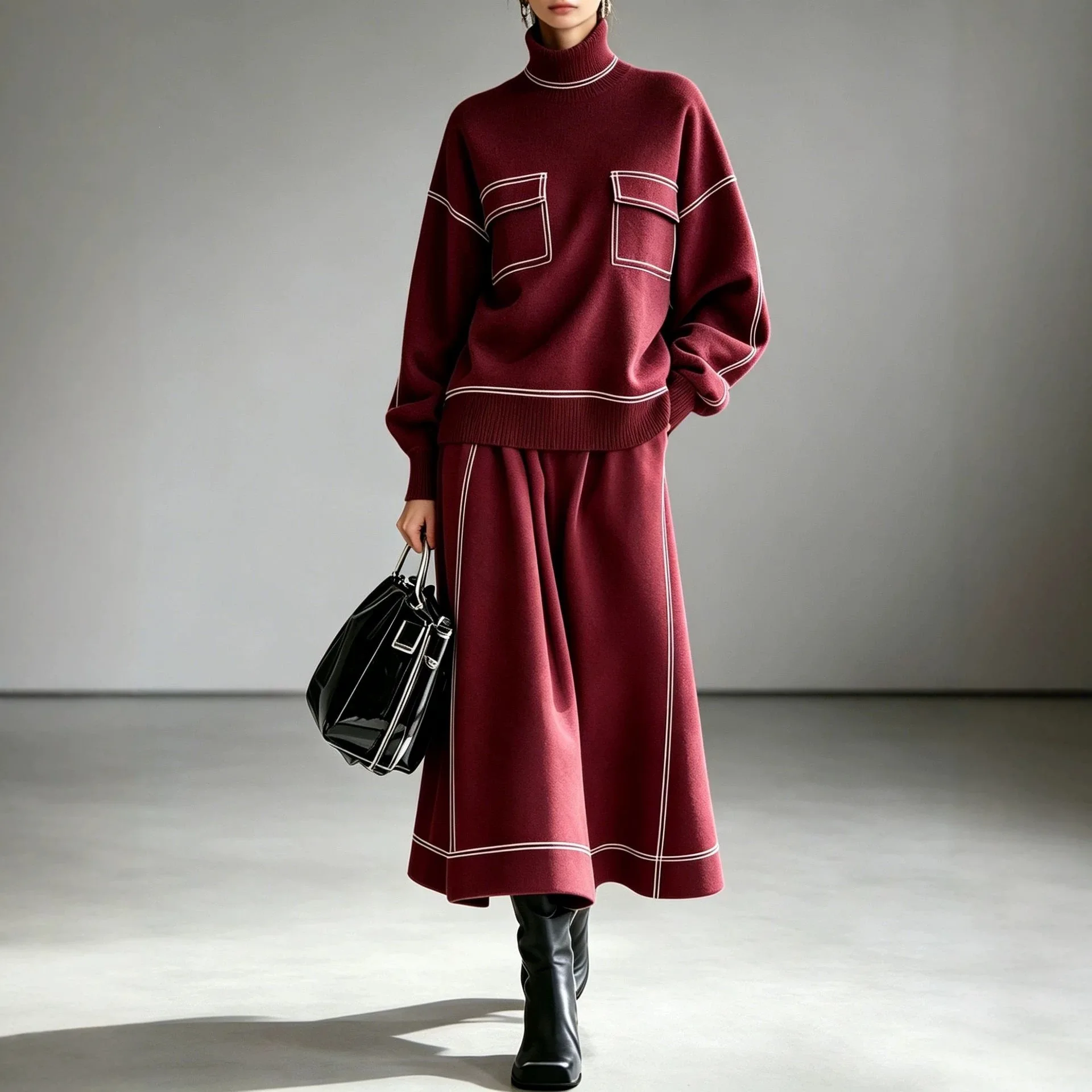 2026 Autumn. And Winter New High-neck Color-block Knit Loose Wide-hem Long Dress, A Sophisticated And Minimalist Two-piece Set