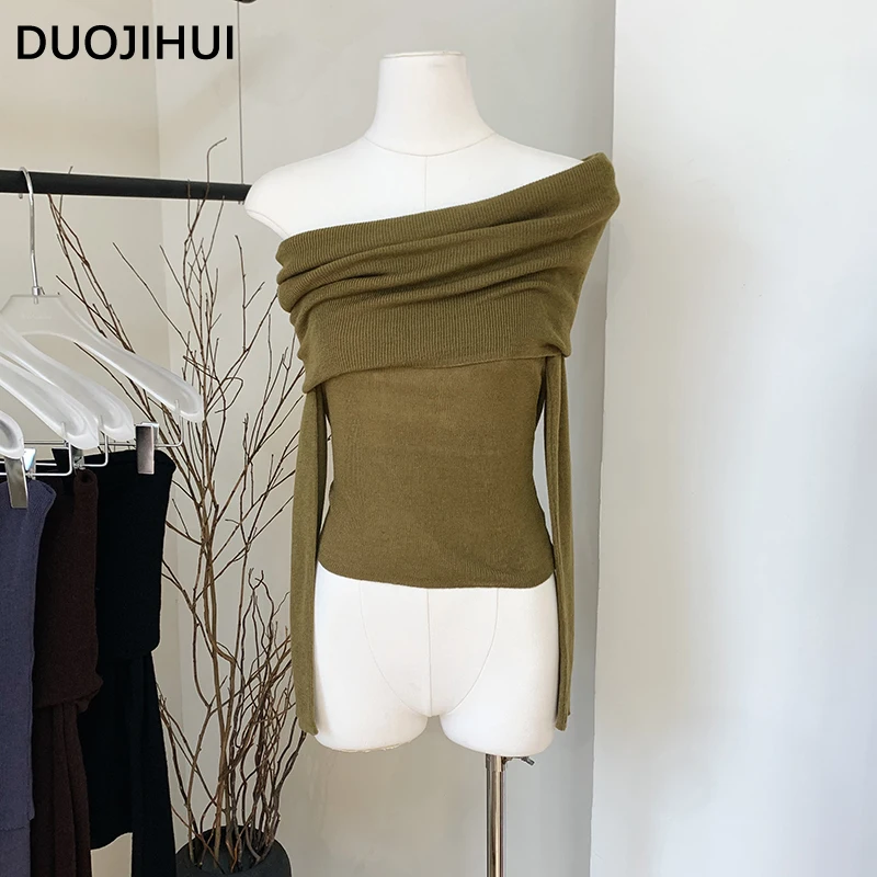 

DUOJIHUI Casual Chicly Slash Neck Knitting Sweater Women Pullovers Autumn Basic Solid Color Loose Simple Fashion Female Pullover