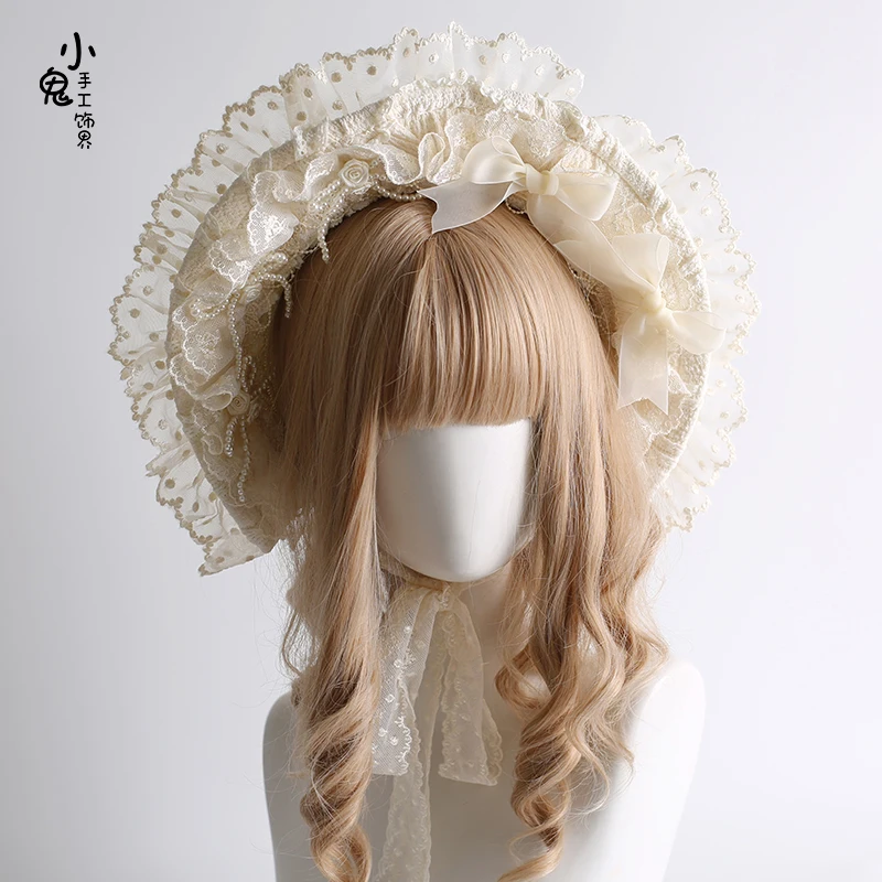 

Японская оригинальная бежевая шляпа ручной работы в стиле Лолиты с кружевным бантом и кремовым торт, шляпа с цветочным свадебным кружевным бантом, шляпа с тортами для женщин