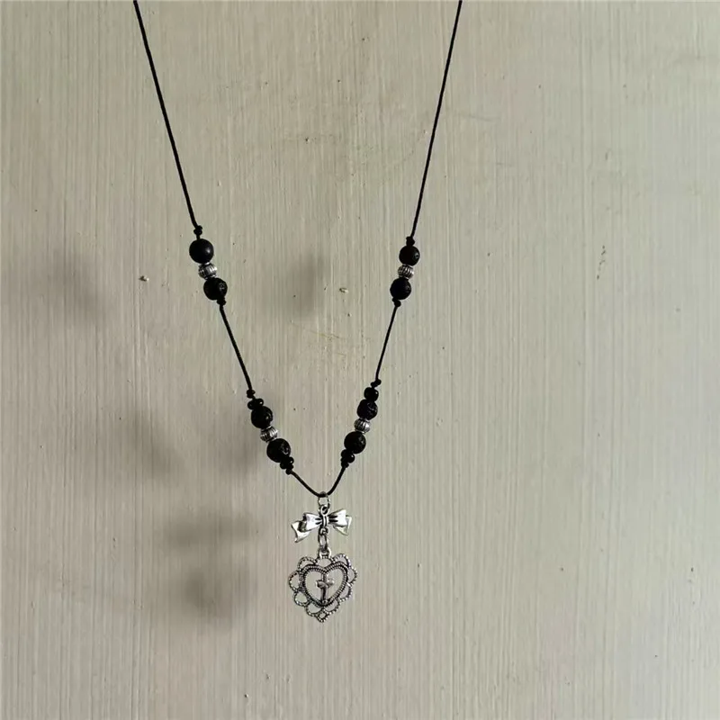 Adjustable Ins-Style Bowknot Sweater Chain for Men, European and American Retro Volcanic Stone Beads, Sweet Cool Spicy Girl Heart Cross Clavicle Chain Necklace for Women