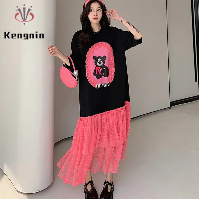 

New 2023 Summer Plus Size 4XL Women's Dresses Print Floral Patchwork Mesh T-Shirt Dress Lady Vestido Loose Female Robe KE3375