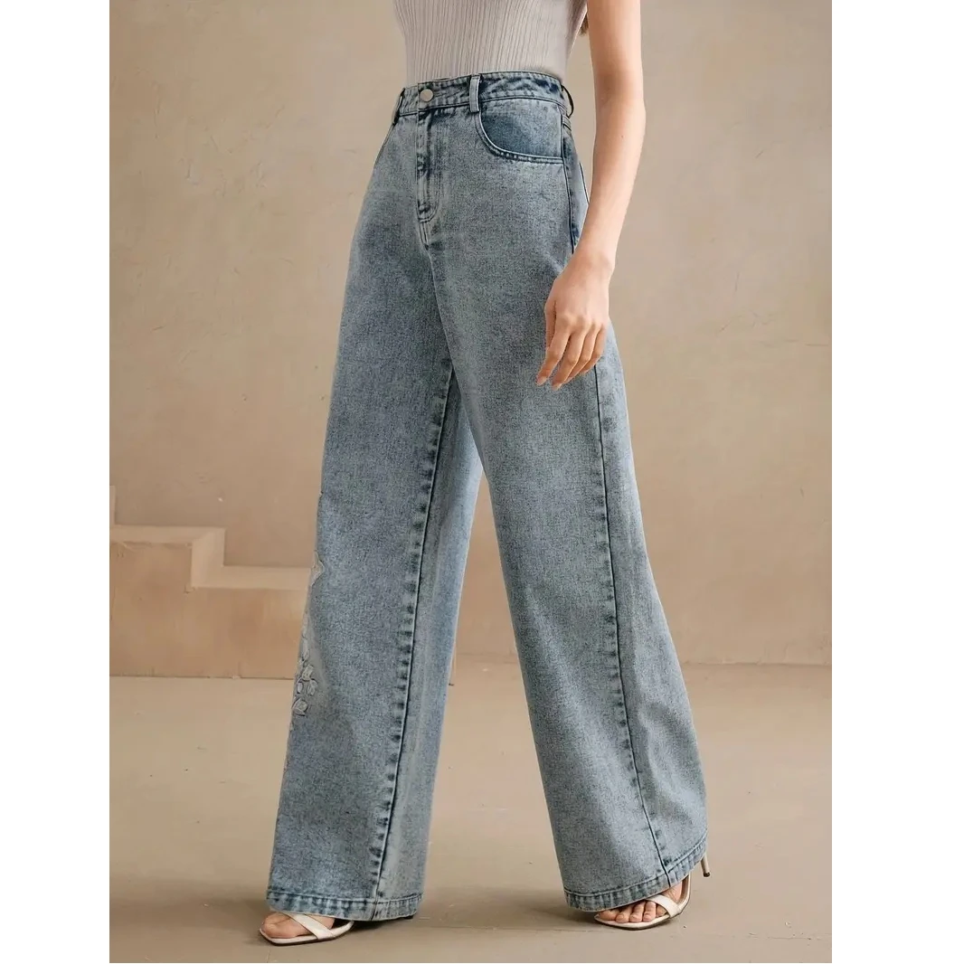 Y2k السراويل الجديدة 2025 الاتجاه الجينز للمرأة حجم كبير الراحة تمتد غسلها الدنيم التطريز تصميم الأزياء مستقيم الساق