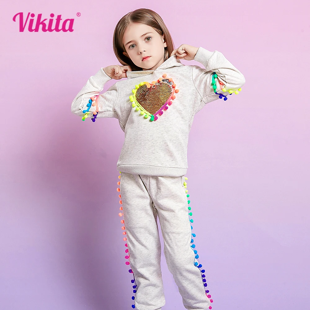 

VIKITA Girls Clothing Sets Kids Thick Woolen Hoodied Heart Sequins Tassels Jacket Coat and Pants 2 Pcs Kids Warm Clothes Suits