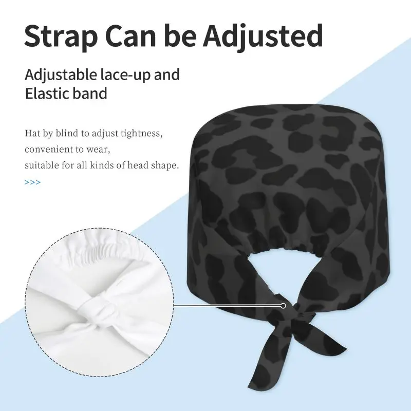 Black Leopard Cheetah Print Working Cap Scrub Cap with Sweatband Adjustable Unisex Women Tie Back Hat Nurse Surgical Caps