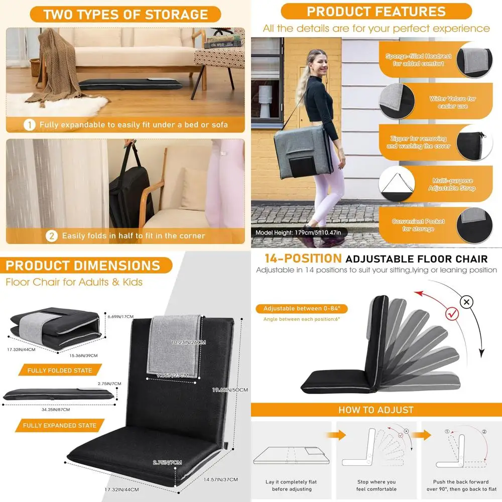 

Adjustable 14-Position Floor Chair with Back Support, Portable Meditation Seat for All Ages, Foldable with Washable Linen Cover