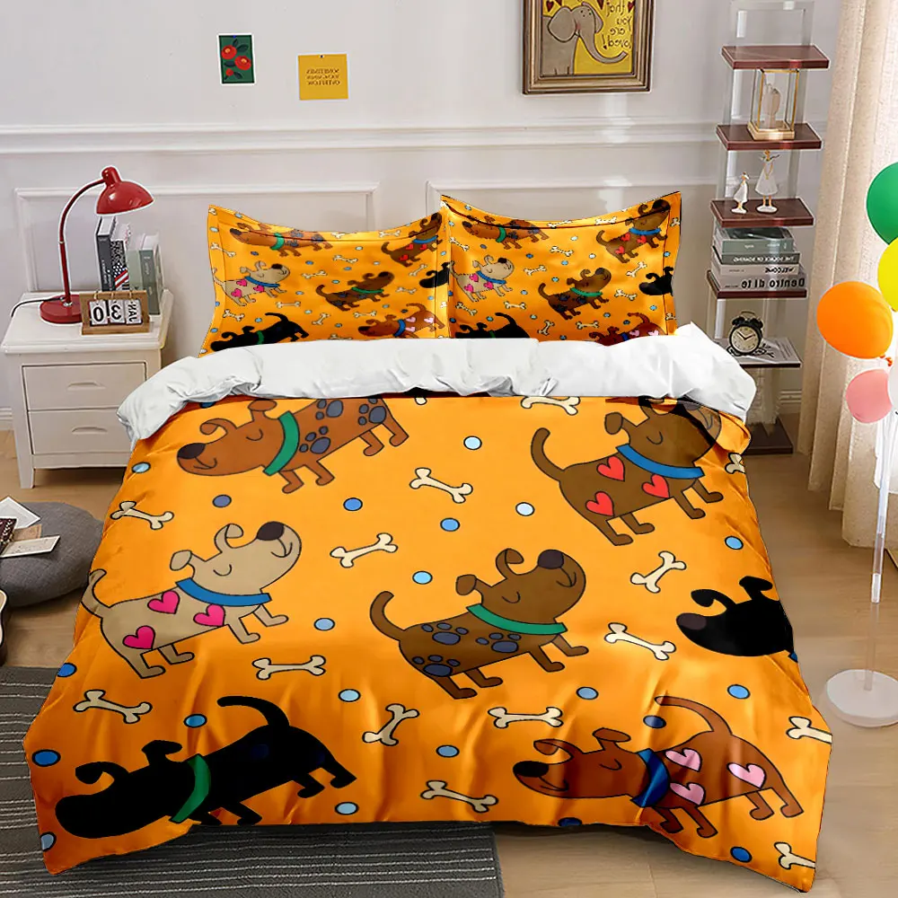 Cute Cartoon dogs and bone Pattern Duvet Cover Set Digital Print Colorful Polyester Bedding with Zipper Closur for kids gifts