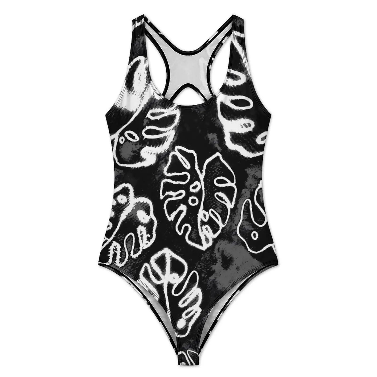 White And Black Tie Dye Swimsuit Sexy Palm Leaf Women Swimwear One-Piece Fashion Bodysuit Swim Push Up Hollow Out Beachwear