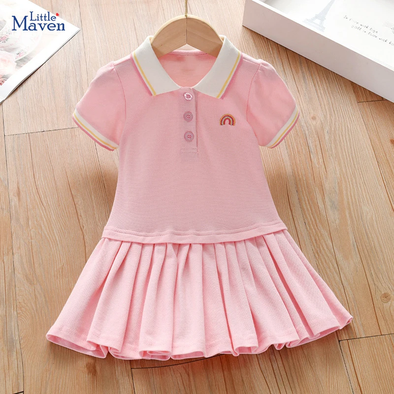 Little maven Party Dress Children\'s Clothing 2024 Baby Girls Pink Dresses Rainbow Polo Summer Holiday Dresses Kids Clothes