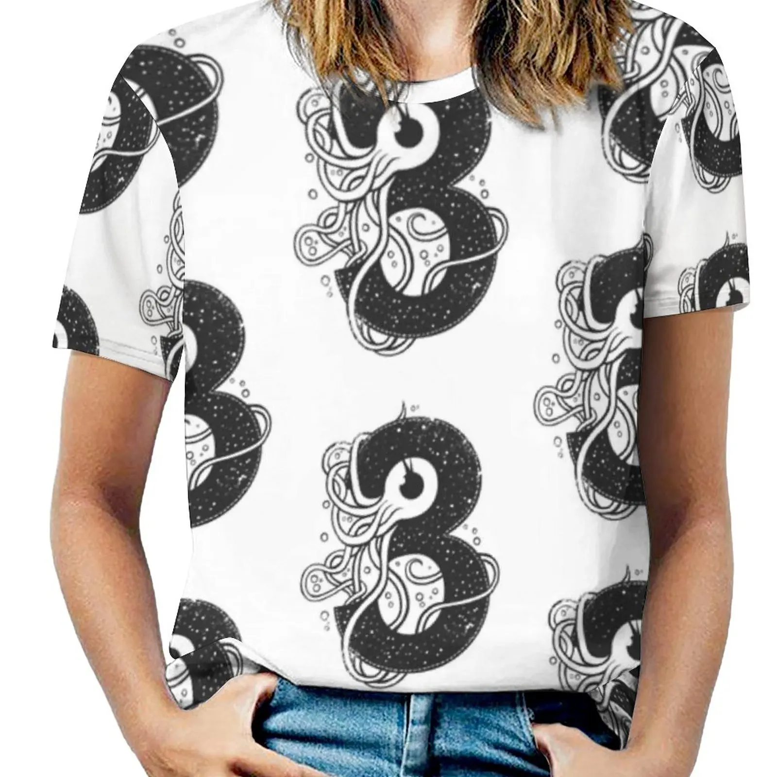 3Eyes Woman'S T-Shirt Spring And Summer Printed T Shirts Crew Neck Pullover Top Abstract Animals Eyes Number Squid Animal