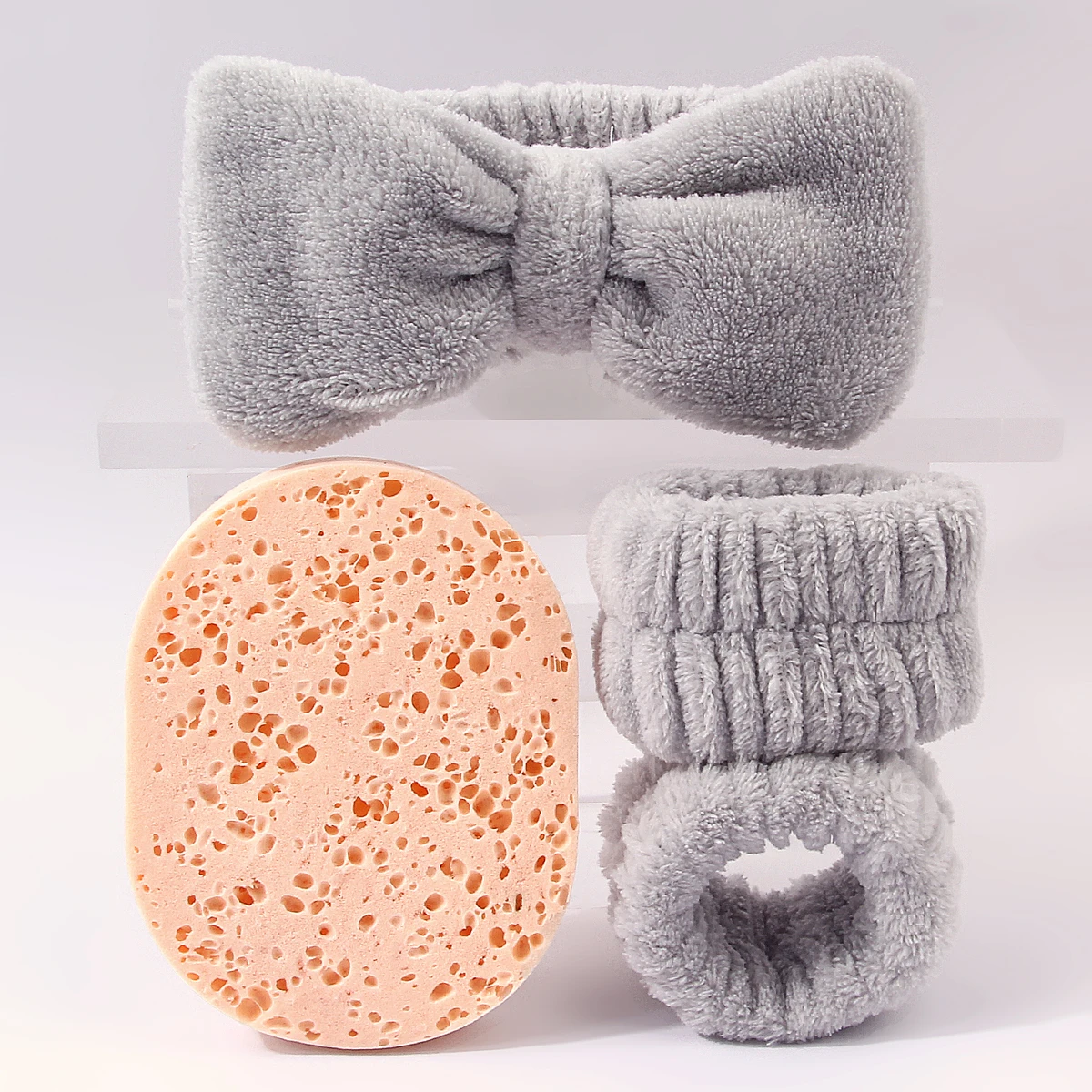 4PCS Grey Bow Headband & Wristbands Set with Facial Cleansing Sponge, Soft Coral Fleece for Face Washing & Skincare Free Shippin