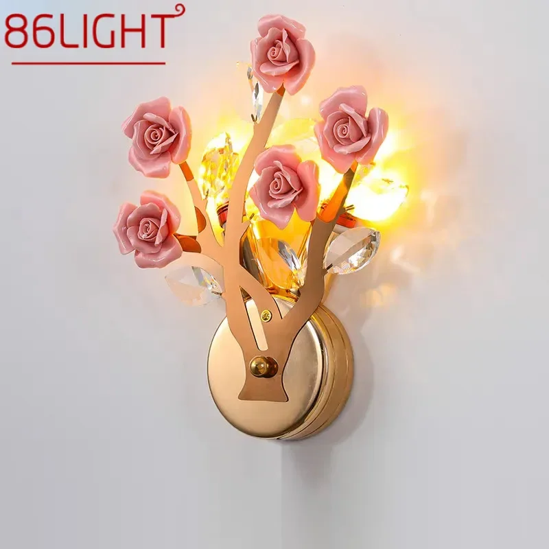 86LIGHT Contemporary Crystal Wall lamp Creativity Ceramics Rose Blossoms Living Room Bedroom Girl's room Villa LED Bedside Light