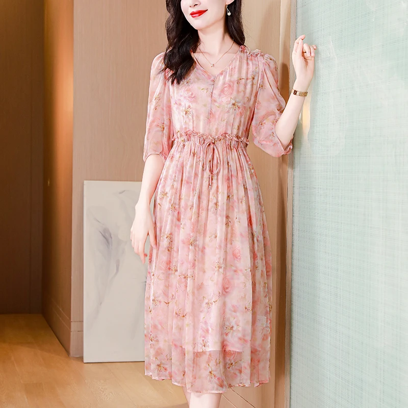 100% Real Silk Women Women A-line Woman Holiday Long Dress Floral Print Dress Summer V-neck Elegant Fashion Dresses
