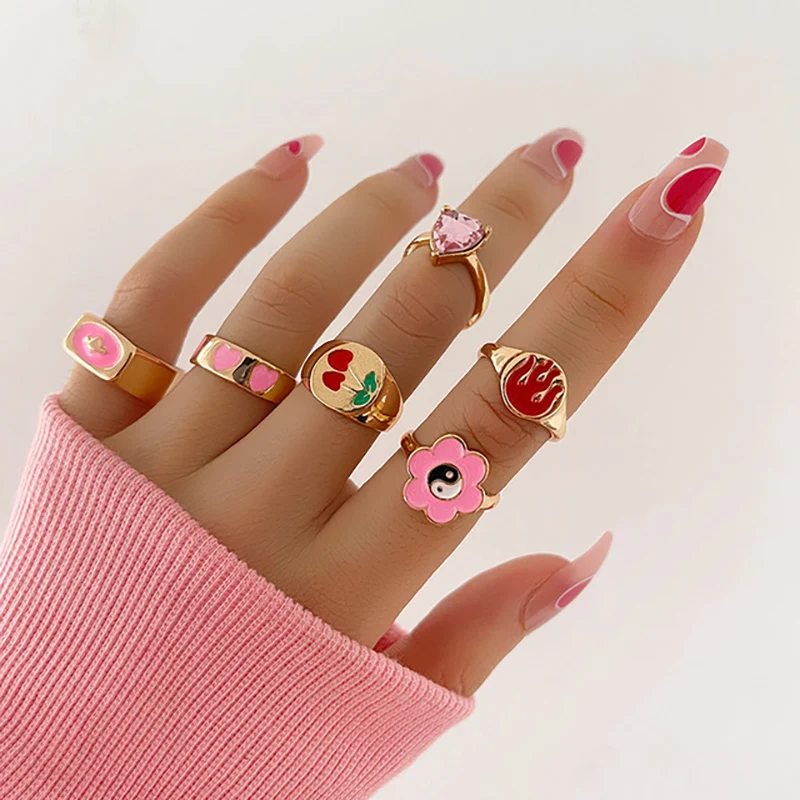 Pink Acrylic Butterfly Knuckle Ring Set For Women Crystal Enamel Mushroom Yin Yang Flower Rings Girls Fashion Jewelry