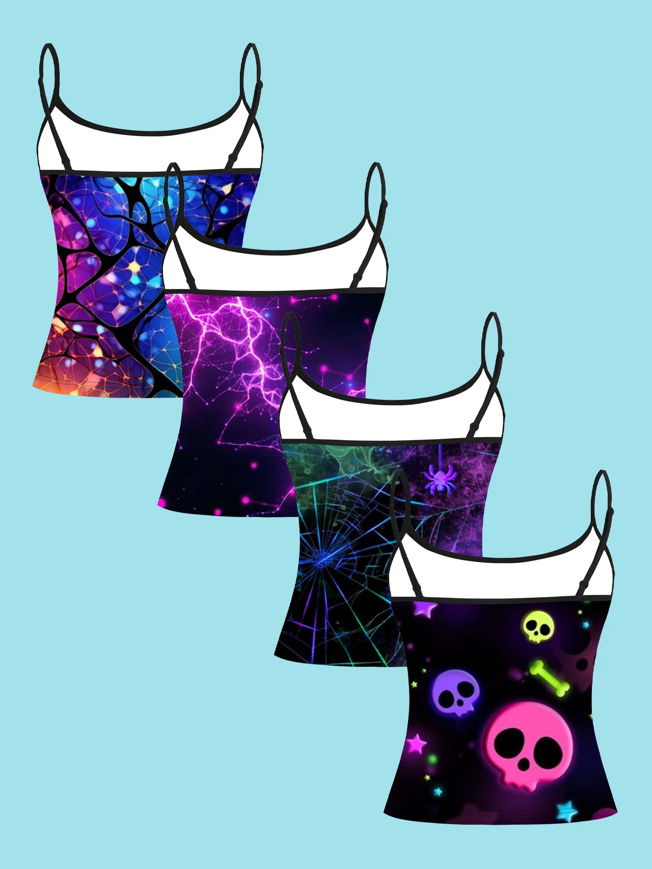 4-Piece Set of Neon Lightning Spider Web Skull Star Print Camisole Tops for Women, Cyber Style Spaghetti Strap Slim Fit Inner Wear Tops