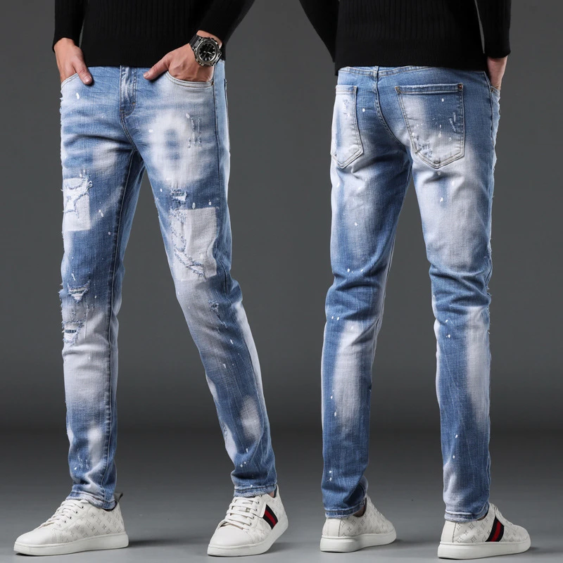 EH · MD Splash Paint Blue Jeans Men's Summer Slim Fit Cotton Casual Cat Must Do Old Pencil Pants Zipper Red Ear High Elasticity