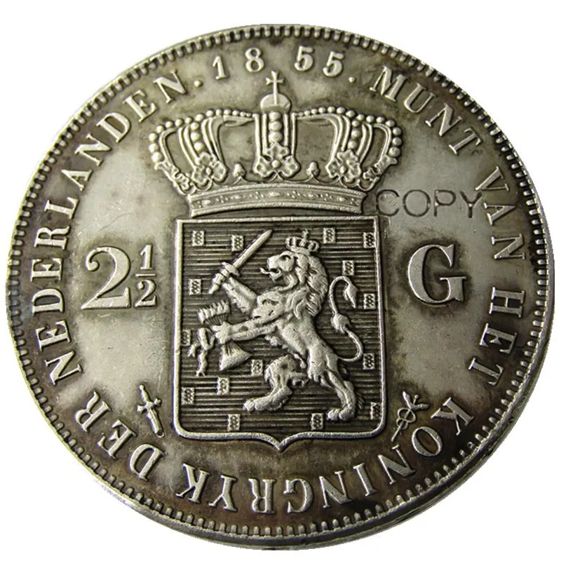 Netherlands,1855 2 1/2 Gulden Willem lll Silver Plated Copy Decorative Coin