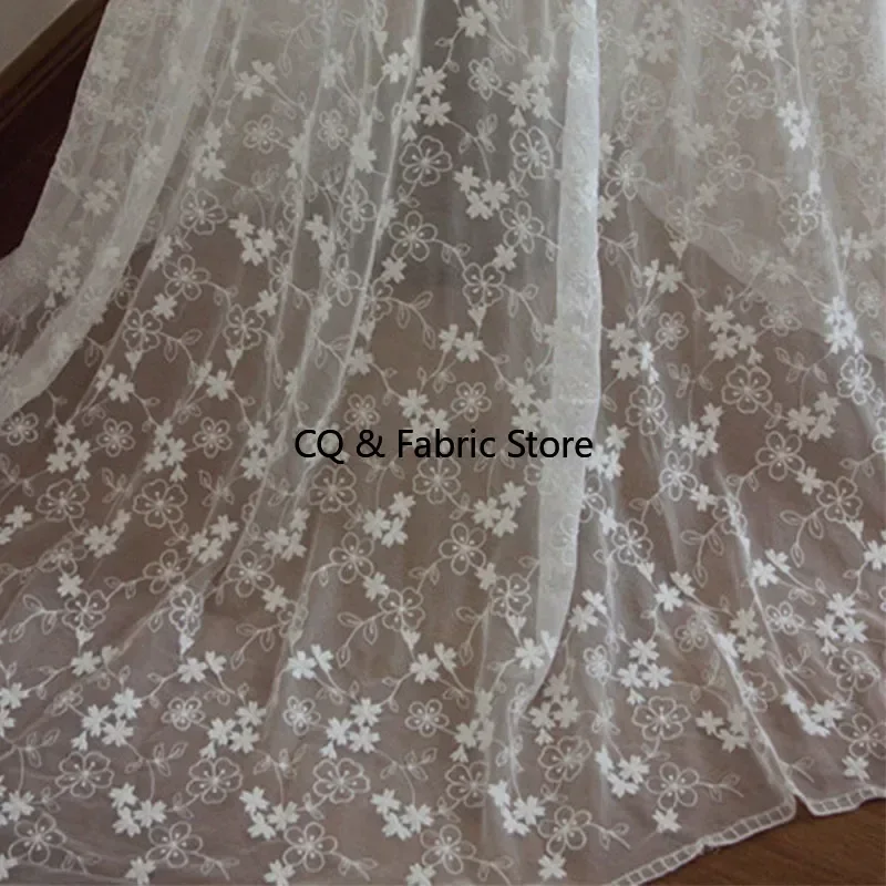 White Mesh Flower Embroidery Lace Fabric for Wedding Dress Table Cloth Curtain Decoration Handmade DIY Accessories