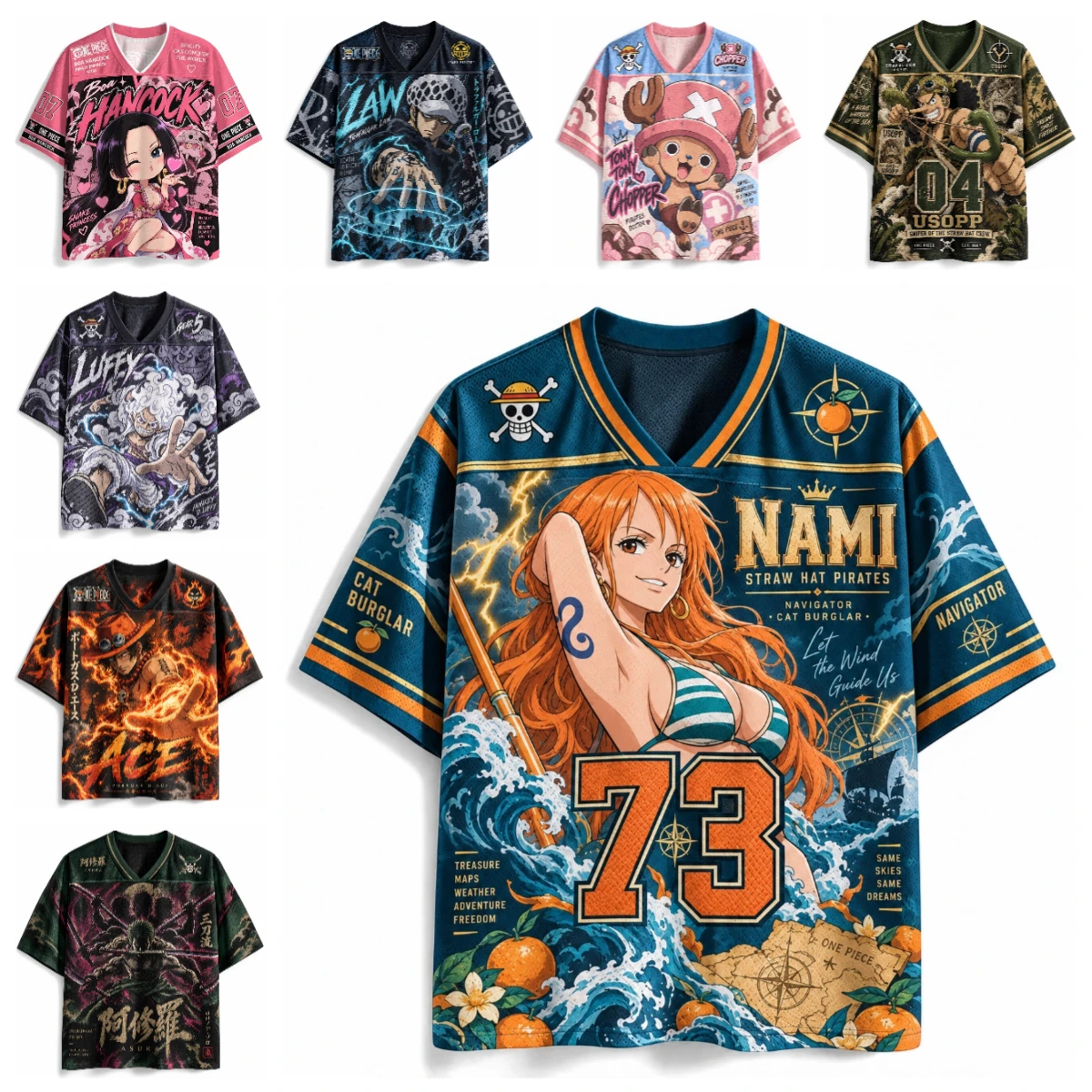 26/27 New Straw Hat Team Luffy Solon Character Printed Shirt American Anime Shirt Manga Exhibition Casual Parent Child Clothing