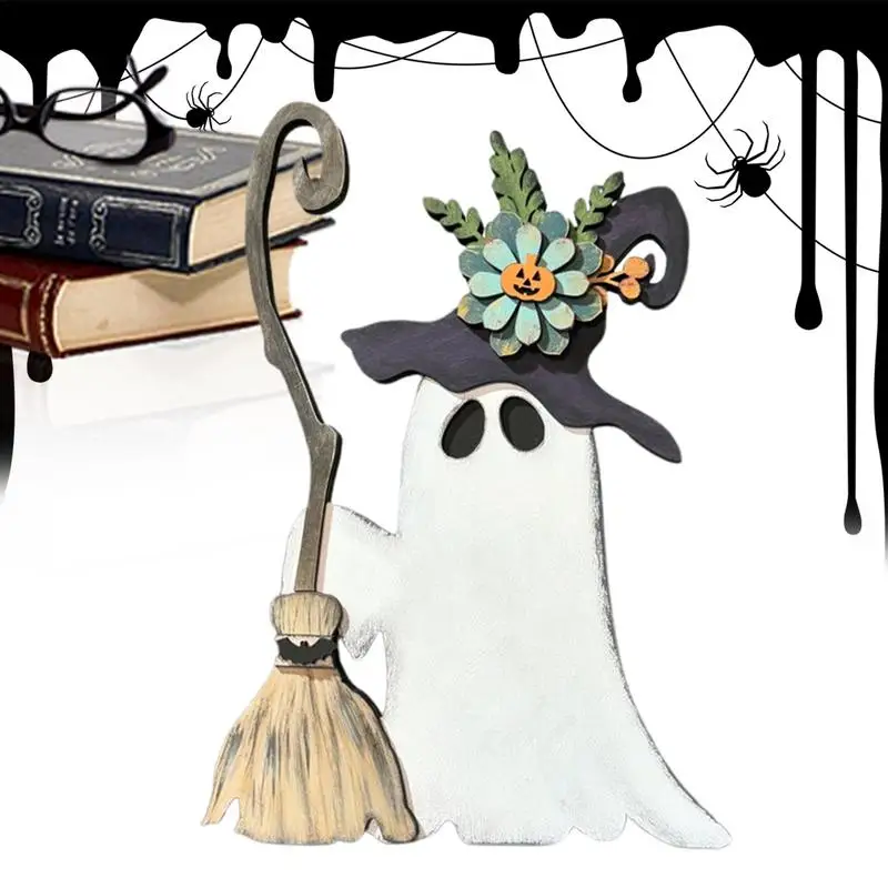 

Halloween ghost decorations cute ghost wooden table signs hand-held broom tray for home holiday party tabletop decoration