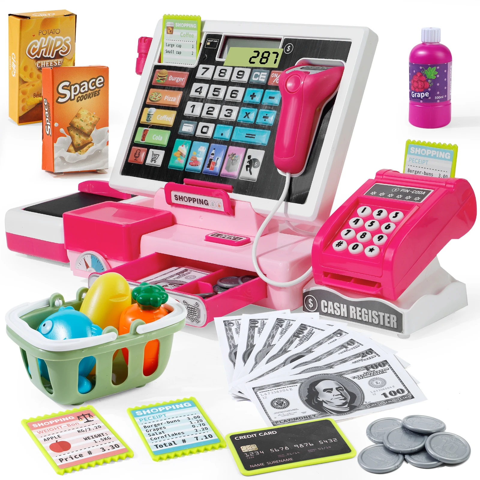 MQUDUO Shopping Cash Register Playset with Real Calculator, Pretend Store Learning Toy for Kids Christmas Halloween New Year
