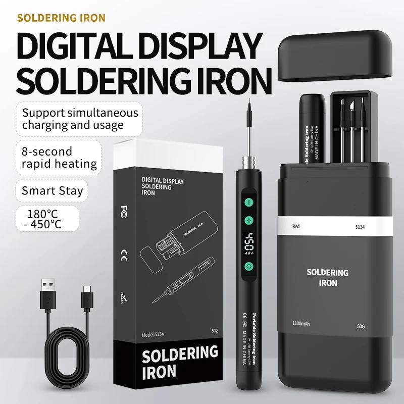 

JCD Wireless Soldering Iron Portable 180-450 °C Adjustable Temperature built-in battery with 3Tip Soldering Tool Kit USB-5134