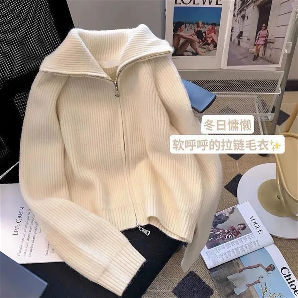 Double Zipper Vintage Flip Collar Women Harajuku Autumn Winter Knitted Cardigan Sweater Jacket Student Korean Version Ladies Top