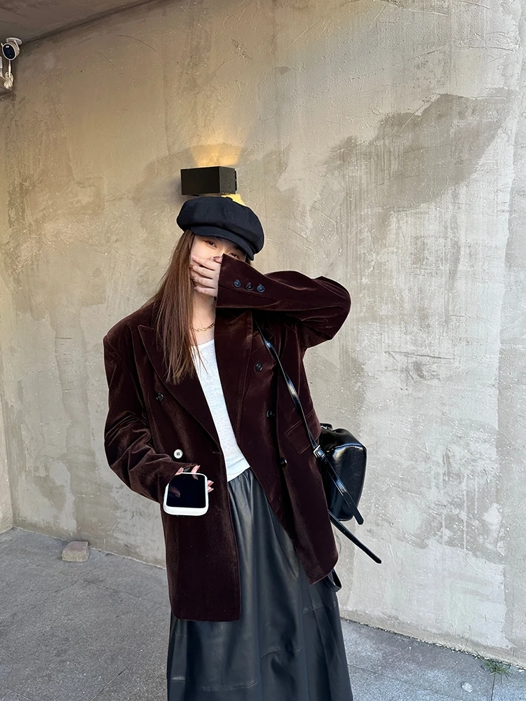 

Бархатный женский костюм с эффектом похудения, тюжет коричневого цвета, модная верхняя одежда в стиле ретро для осеннего сезона, полиэфирная ткань