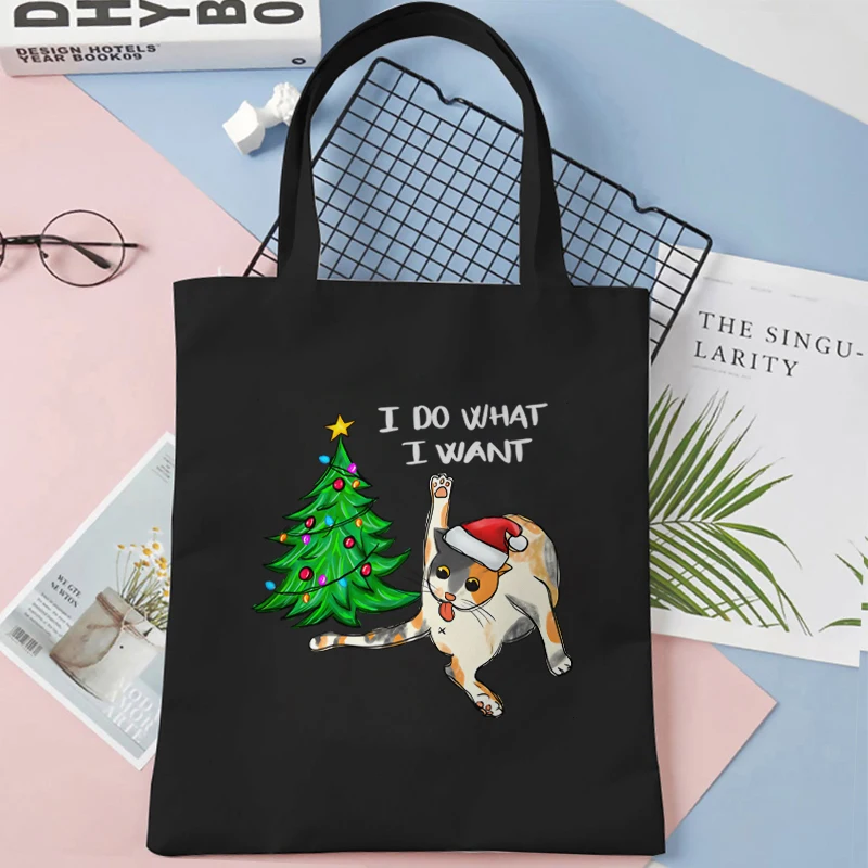 القط وشجرة عيد الميلاد الرسم حقائب النساء خمر حقيبة سوبر ماركت موضة عيد الميلاد حفلة قماش حقيبة كتف حقيبة جانبية للسيدات
